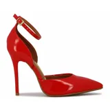 Zapato de tacón alto Vizzano, color blanco charol, con punta fina y tira ajustable alrededor del tobillo.