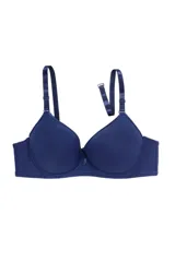 Soutien armado con copa preformada y aro, confeccionado en microfibra azul. Cuenta con breteles elásticos ajustables y cierre trasero con broche multiposición.
