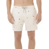 Short de baño beige con estampado de soles y palmeras en tonos naranja y azul. Tiene cintura elástica con cordón ajustable y un pequeño logo de la marca en la pierna derecha.