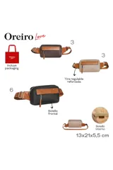 Riñonera Oreiro de color beige con detalles en marrón tostado, bolsillo frontal con solapa y cierre principal. Cuenta con correa regulable.
