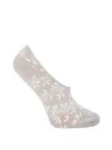 Medias invisibles de corte bajo, color gris con estampado de hojas blancas. Confeccionadas en algodón y spandex, diseñadas para usar con zapatillas o mocasines.