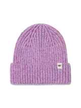 Gorro tipo beanie de tejido de punto grueso con diseño acanalado, color lila jaspeado, con puño enrollado y etiqueta con logo Cat en el frente.