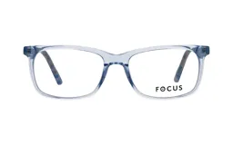 Armazón de anteojos Focus Premium modelo 4182, con marco de acetato transparente en tono azulado y patillas con diseño carey.