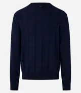 Suéter azul marino de punto con textura cuadrillé, cuello redondo y mangas largas.