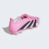 Championes de fútbol Adidas Predator League, color rosa vibrante con franjas negras y detalles blancos/plateados. Presentan una lengüeta plegable y suela con tapones moldeados.