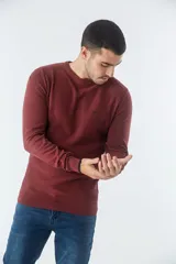 Sweater de punto con textura geométrica, color gris, de cuello redondo y manga larga. Presenta puños y ruedo acanalados con detalle de borde en color oscuro y logo bordado en el pecho.