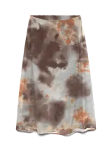 Falda larga estilo 7/8 con estampado tie-dye en tonos marrón, gris y naranja.