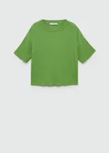 Buzo de punto fino verde, de manga corta, con cuello redondo y diseño recto en canalé.