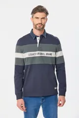 Remera polo de manga larga con cuello clásico de denim, diseño a rayas horizontales en azul marino, gris y blanco, y bordado con la leyenda "Legacy Original Brand".