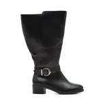 Bota de caña alta color negro, con taco cuadrado y hebilla decorativa a la altura del tobillo.