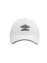 Gorro tipo gorra con visera curvo de marca Umbro, color azul con detalles bordados en blanco en el frente y borde de la visera.