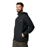 Campera impermeable y transpirable Columbia modelo Earth Explorer II Omni-Tech, de color negro, con capucha ajustable, cierre frontal con solapa, bolsillos con cremallera y puños ajustables.