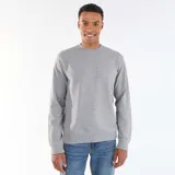 Buzo de felpa francesa color gris melange, de cuello redondo, mangas largas y puños y dobladillo acanalados.