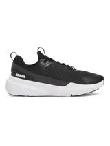 Championes de entrenamiento Under Armour Project Rock BSR 5, color negro con suela blanca. Presentan una parte superior de malla transpirable con refuerzos sintéticos, mediasuela Charged Cushioning para amortiguación reactiva y tecnología UA TriBase para mayor estabilidad y contacto con el suelo.