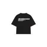 Remera oversize negra de manga corta, con estampa tipográfica en la espalda de la marca Eme Studios en color blanco.
