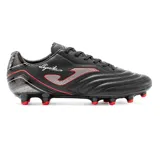 Championes de fútbol Joma Aguila 2301, color negro con detalles en plateado y rojo. Fabricados en material sintético Fibertec y nylon, con suela de caucho de doble densidad y media suela de Phylon.