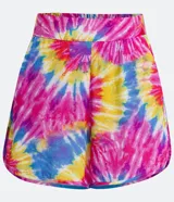 Short runner de viscosa con estampado tie dye en tonos rosa, amarillo y celeste.
