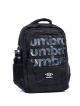 Mochila Umbro Vibo de poliéster color negro, con estampado del logo de la marca en gris en el frente. Cuenta con un compartimento principal con cierre, un bolsillo frontal con cierre, dos bolsillos laterales de malla y un asa superior.
