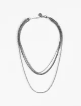 Collar de estilo gargantilla con tres cadenas superpuestas. Dos cadenas superiores son de strass engarzado en tono peltre oscuro, y la cadena inferior es una hilera de strass más pequeño y brillante.