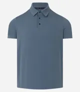 Camisa polo masculina de manga corta, confeccionada en tejido técnico de poliamida con elastano. Presenta cuello inglés con tapeta de tres botones, ofreciendo propiedades de secado rápido, elasticidad y confort térmico.