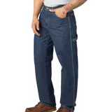Jean de corte relajado tipo carpintero, confeccionado en denim azul oscuro con costuras reforzadas en contraste. Presenta diseño de pierna recta, cierre de bronce y presillas reforzadas para cinturón.
