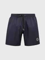 Short de baño negro de poliéster con cintura elástica ajustable con cordón, bolsillos laterales y logo hexagonal de la marca en el muslo.
