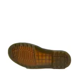 Zapato de cuero negro con cordones, diseño clásico de tres ojales, suela de goma con cámara de aire y costuras amarillas distintivas en el borde.