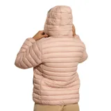 Campera puffer Diadora de color rosado, con diseño acolchado, cierre frontal completo y capucha ajustable. Presenta el logo de la marca bordado en el pecho.