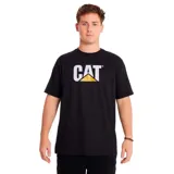 Remera de manga corta con cuello redondo, color negro, con el logo de la marca CAT estampado en el pecho en color blanco y amarillo.