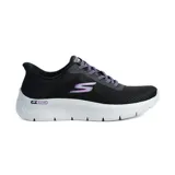 Championes deportivos Skechers Slip-ins Go Walk Flex Carla, color negro con detalles en violeta. Cuentan con parte superior de malla atlética, cordones elásticos fijos, plantilla Skechers Air-Cooled Memory Foam y entresuela ligera ULTRA GO con Flex Pillars. Son veganos y lavables a máquina.