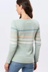 Buzo tejido de algodón con diseño de rayas horizontales en tonos azules, beige y rosado, cuello redondo y manga larga.