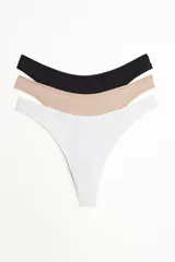 Pack de tres bombachas tipo thong (colaless) de microfibra, tiro bajo, con cintura en V y refuerzo interior. Incluye colores negro, beige y blanco.