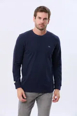 Remera manga larga lisa, color gris claro, con cuello redondo y logo bordado en el pecho.