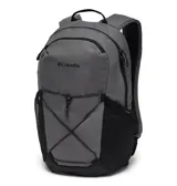 Mochila compacta de 16 litros marca Columbia, color gris con detalles en negro. Cuenta con almacenamiento externo con correas elásticas, dos bolsillos laterales de malla para botellas, compartimento para computadora portátil de hasta 13 pulgadas, espalda y correas acolchadas, bolsillo externo con cremallera, clip para llaves y bolsillo forrado para gafas.