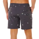 Short de baño negro con estampado de palmeras y cócteles en colores celeste, amarillo y blanco.