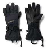 Guantes Columbia modelo Whirlibird III Omni-Tech, color negro, diseñados para deportes de nieve. Cuentan con palma de piel de cabra, ajuste en la muñeca, puños largos con cordón ajustable y tecnologías de impermeabilidad y retención de calor.