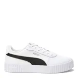 Championes urbanos Puma modelo Carina 2.0, color negro con la icónica franja lateral en blanco. Presentan una suela de plataforma de goma blanca con diseño texturizado y cierre mediante cordones.