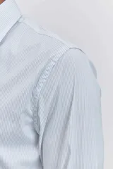 Camisa de manga larga con cuello clásico y cierre frontal de botones. Presenta un diseño de rayas verticales finas en tonos claros.
