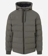 Campera puffer deportiva Get Over, color negro, con diseño sin costuras, cierre frontal por cremallera y capucha con cordón ajustable. Presenta puños elásticos y diseño acolchado.