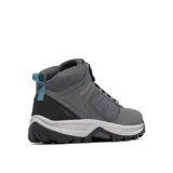 Bota de senderismo Columbia modelo Transverse Hike, color gris oscuro con detalles en naranja y turquesa. Presenta construcción impermeable, parte superior de piel y malla, entresuela amortiguada y suela de alta tracción.