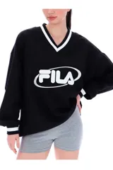 Buzo Fila de estilo coreano, color blanco con cuello en V y puños acanalados en contraste negro, manga larga y gran logotipo frontal de la marca.
