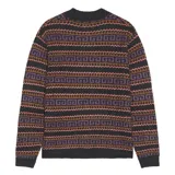 Cárdigan de punto con cuello en V, cierre frontal con botones y diseño geométrico en tonos gris, marrón, lila y rosa.