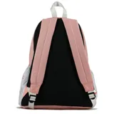 Mochila Diadora de estilo escolar, color rosa pálido y gris claro, con logo de la marca en blanco en la parte superior. Presenta un bolsillo frontal grande con cierre y paneles laterales.