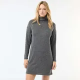 Vestido corto de punto en color gris, con cuello alto y mangas largas, de corte recto y diseño minimalista.