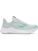 Championes Under Armour modelo W Aurora 3, color verde menta con suela blanca y detalles sutiles, diseñados específicamente para entrenamiento femenino con capellada de malla transpirable y amortiguación Charged+.