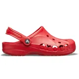 Zuecos Crocs modelo Baya Clog de color rojo, con diseño ligero, perforaciones de ventilación en la parte superior y la palabra "Crocs" recortada en el lateral. Incluyen correa pivotante en el talón.
