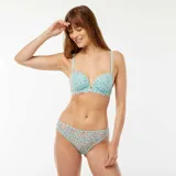 Sujetador corbeille con estampado floral en tonos celeste, rosa y amarillo.