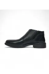 Botín de cuero color negro para hombre, con elástico lateral y cierre frontal con cremallera.