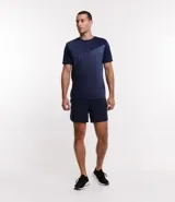 Remera deportiva de hombre, color gris claro, con cuello redondo y manga corta. Presenta un sutil efecto degradado o panel de color más claro en la zona del pecho.
