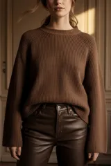 Sweater de algodón peinado color marrón, de punto acanalado, cuello redondo y mangas largas.